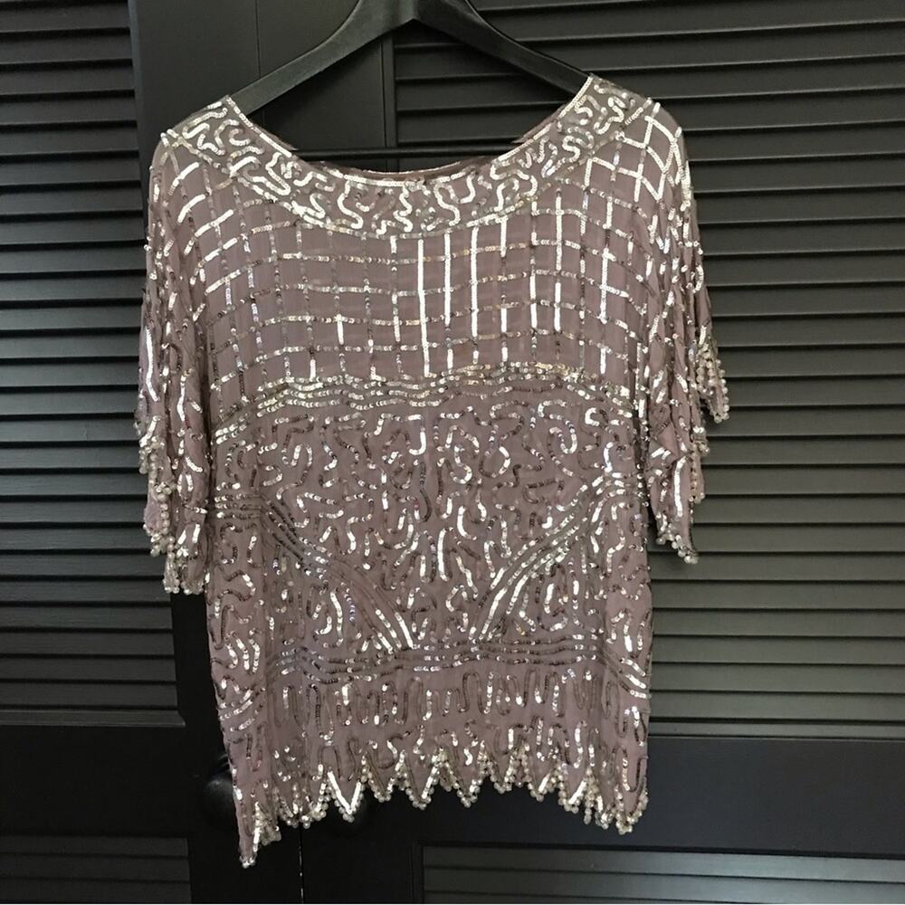 Vintage Sequin Semi-Sheer Top with a Beaded Zigzag Hemline, Scoop Neck, SizeS